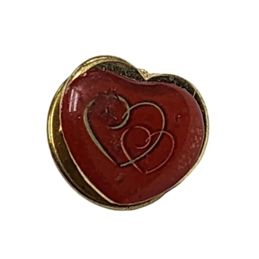 Vintage 60s-70s Red Enamel Heart Lapel Pin Gold Tone